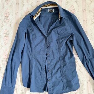 Express Navy Button-Up Blouse with Patterned Collar